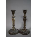 A Pair of Silver Plated Rococo Candlesticks, 28cms High (Rubbed)