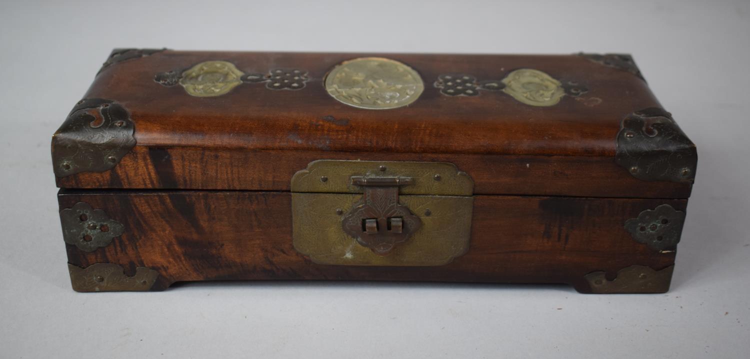 An Oriental Brass Banded and Jadeite Inlaid Teak Rectangular Jewellery Box with Fitted Interior, - Image 2 of 6