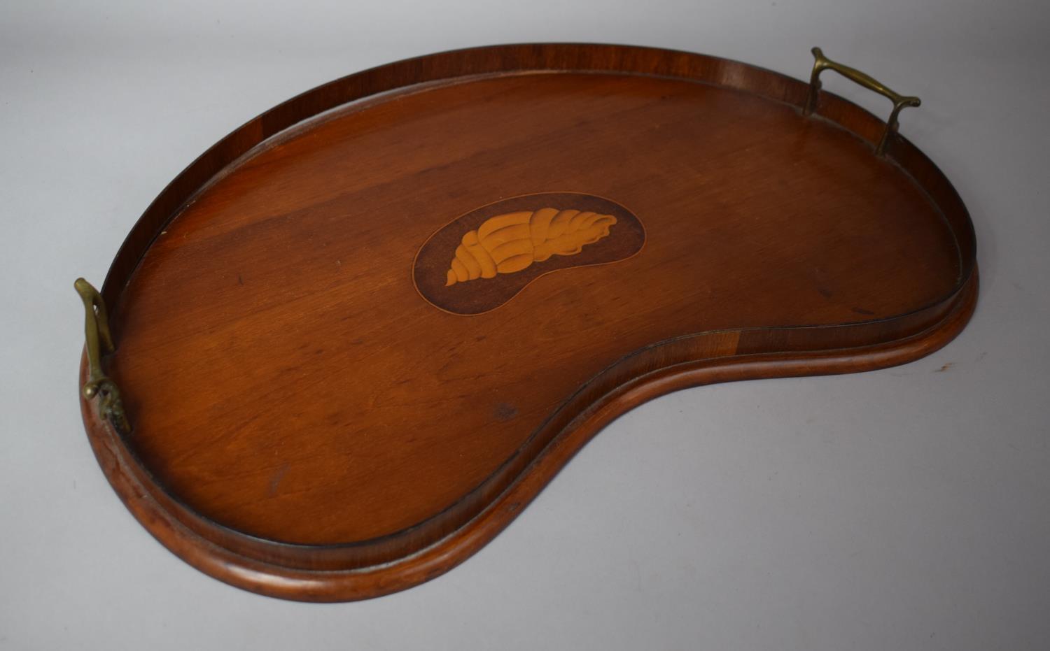 A Galleried Two Handled Kidney Shaped Tray with Shell Inlay, 54cms Wide (Gallery Requires Attention)