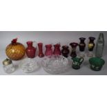 A Collection of 19th Century and Later Glassware to Feature Cranberry Glass Jugs, Green Glass Bowl