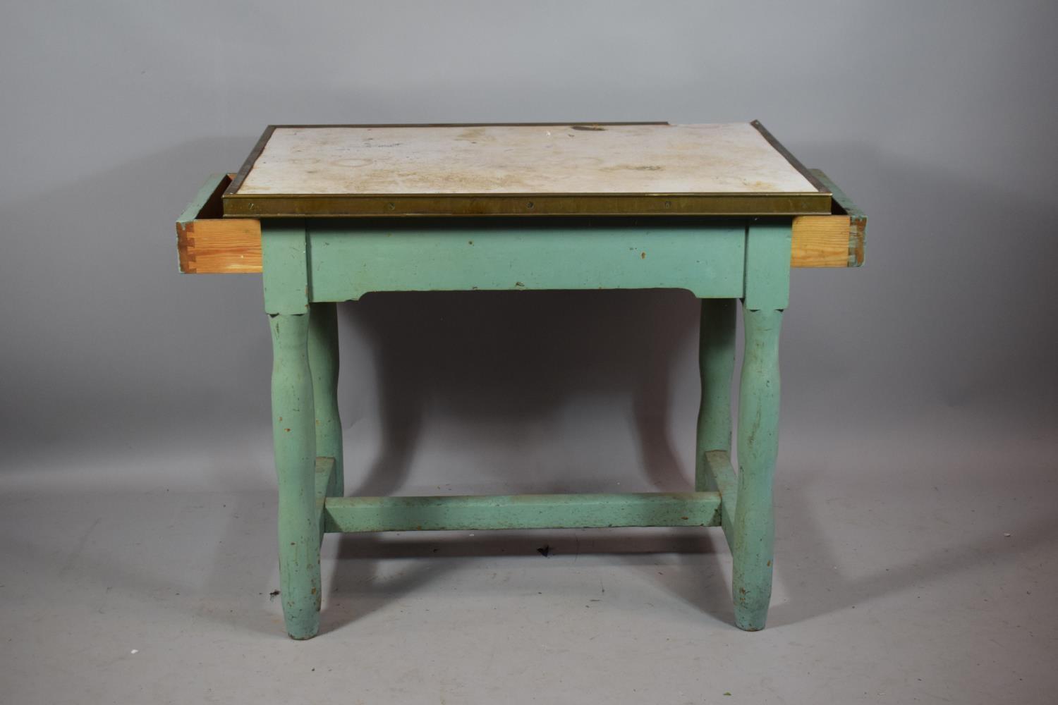 A Late 19th Century Painted Pantry Table with Formica Top and Brass Banding, Two Drawers, 93cms Long - Image 2 of 2