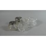 Four Glass Dressing Table Pots, Two with Silver Lids and One with Glass Lid