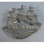 A Silver Filigree Brooch in the Form of a Three Masted Ship