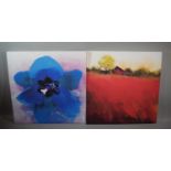 Two Large Modern Prints, Poppy Field and Flower, 90cms Square