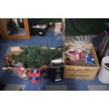 Two Boxes Containing Christmas Decorations, Artificial Tree, Ornaments etc