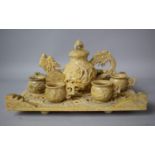 A Chinese Carved and Turned Soapstone Tea Set Comprising Teapot, Six Cups and Tray. The Tray