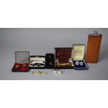 A Collection of Five Pairs of Gents Cufflinks, Tie Clip and Pin, Flask etc