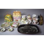 Three Boxes of Ceramics to Feature Cottage Storage Jars, Slipware Dish, Fruit Pattern Teawares,