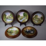 Five Wooden Framed Decorated Plates to Feature Royal Doulton Badgers, Royal Worcester Canal Series