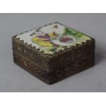 A Small White Metal Mounted Box with Chinese Porcelain Top Decorated with Seated Child