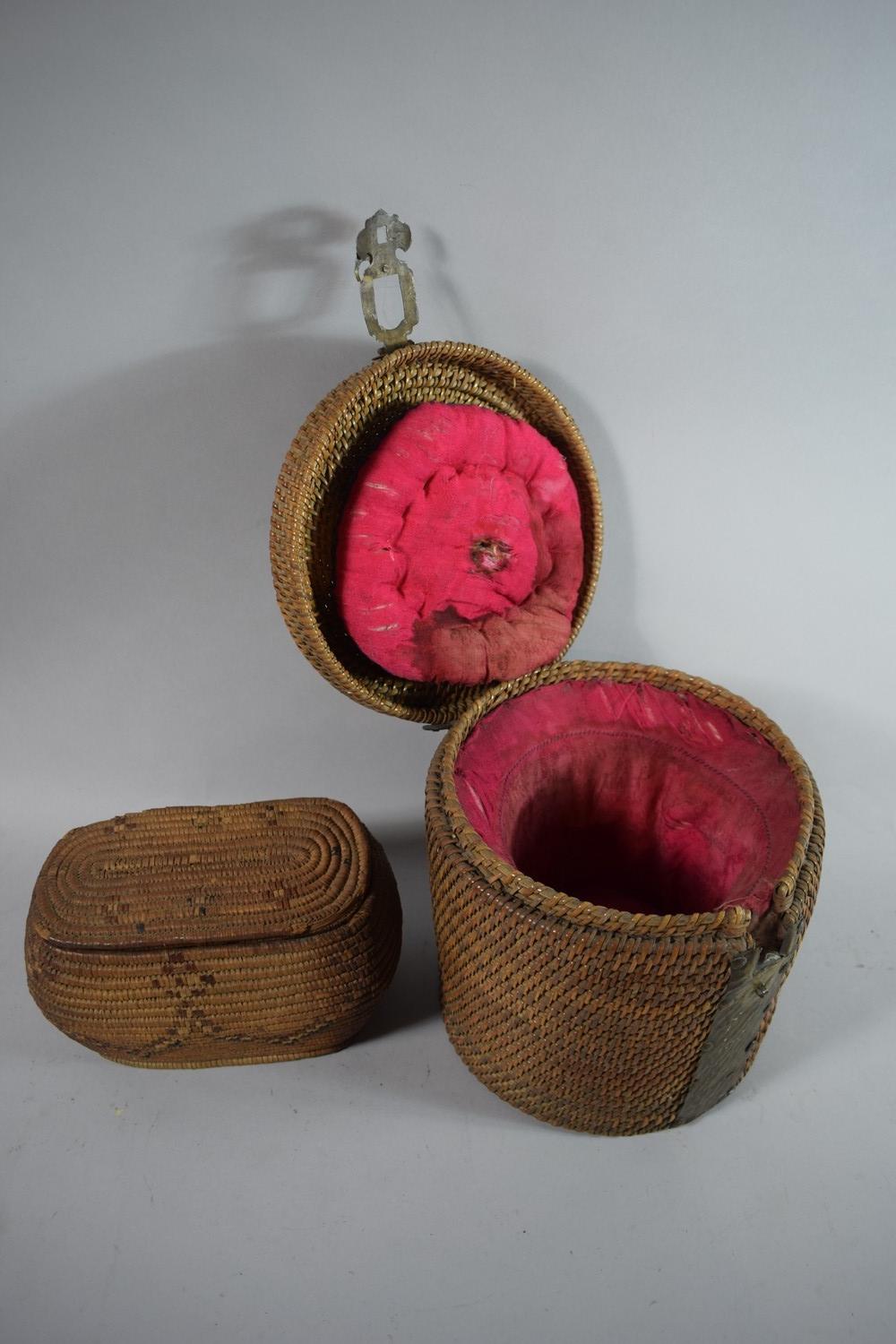 An Oriental Cane Work Tea Pot Carrier and a Woven Lidded Box - Image 2 of 2