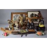 A Collection of Sundries to Include Resin Bird Ornaments, Swiss Cigarette Box, African Ornaments