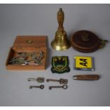 A Collection of Items to Include AA Badge, School Badge, Leather Mounted Tape Measure, Brass and