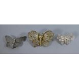 Three Silver Filigree Butterfly Brooches