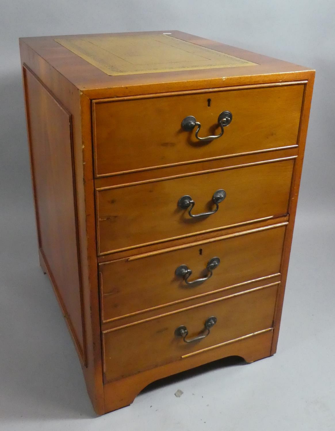 A Late 20th Century Yew Wood Two Drawer Filing Cabinet with Tooled Leather Top, 48cm Wide