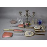 A Collection of Items to Include Dressing Table Set, Scent Bottles, Etched Glass Vases, Candelabra