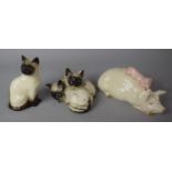 Two Beswick Siamese Cats and a Pig and Piglet 'Piggyback' Ornament Model No.2746 (Chips to Ears)