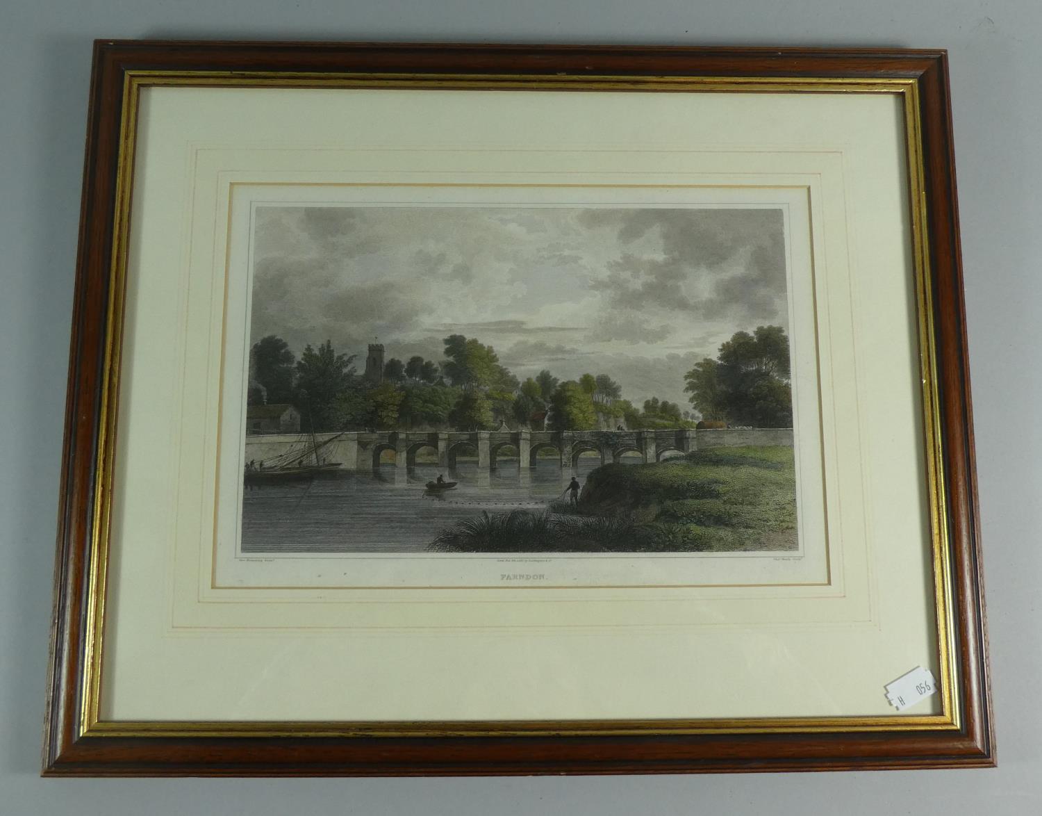 A Framed 19th Century Coloured Engraving of Farndon Bridge, Cheshire, 27cm Wide