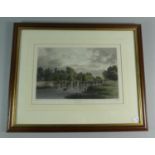 A Framed 19th Century Coloured Engraving of Farndon Bridge, Cheshire, 27cm Wide