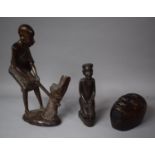A Collection of Three Carved African Souvenir Figures to Include Mask Box, Kneeling Gent and