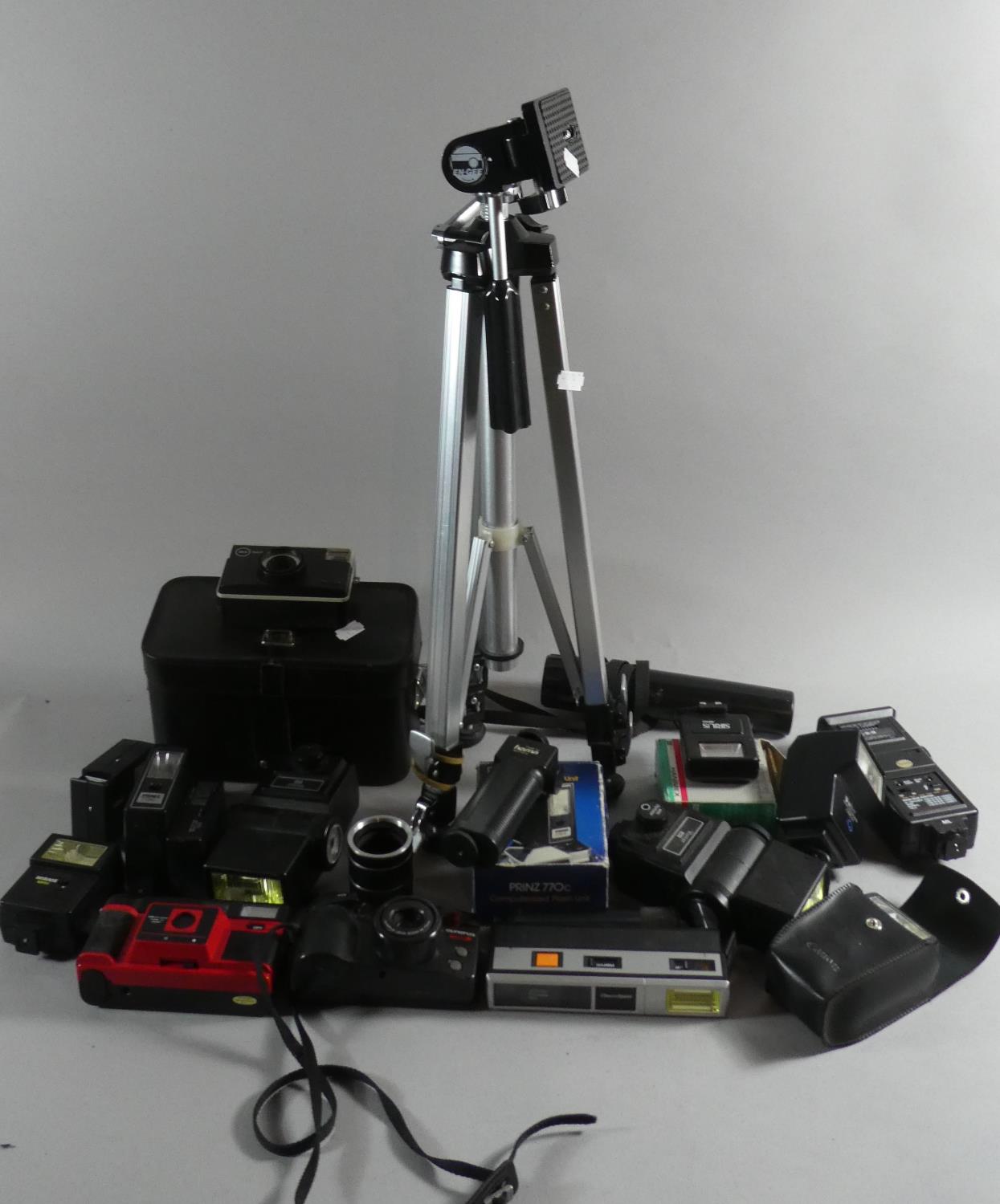 A Box Containing Various Photographic Equipment to Include Flashguns, Cases etc