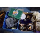 Two Boxes Containing Ceramics and Glassware, Wooden Box, Fan Heater, Iron etc