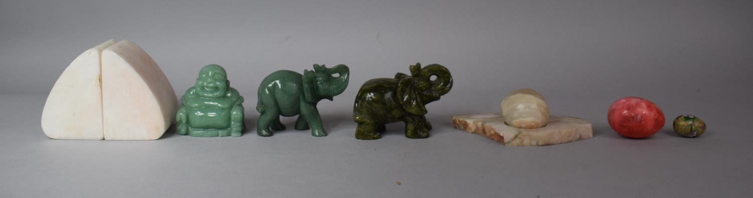 A Collection of Various Jade Effect Ornaments of Elephants and Buddha, Stone Bookends etc