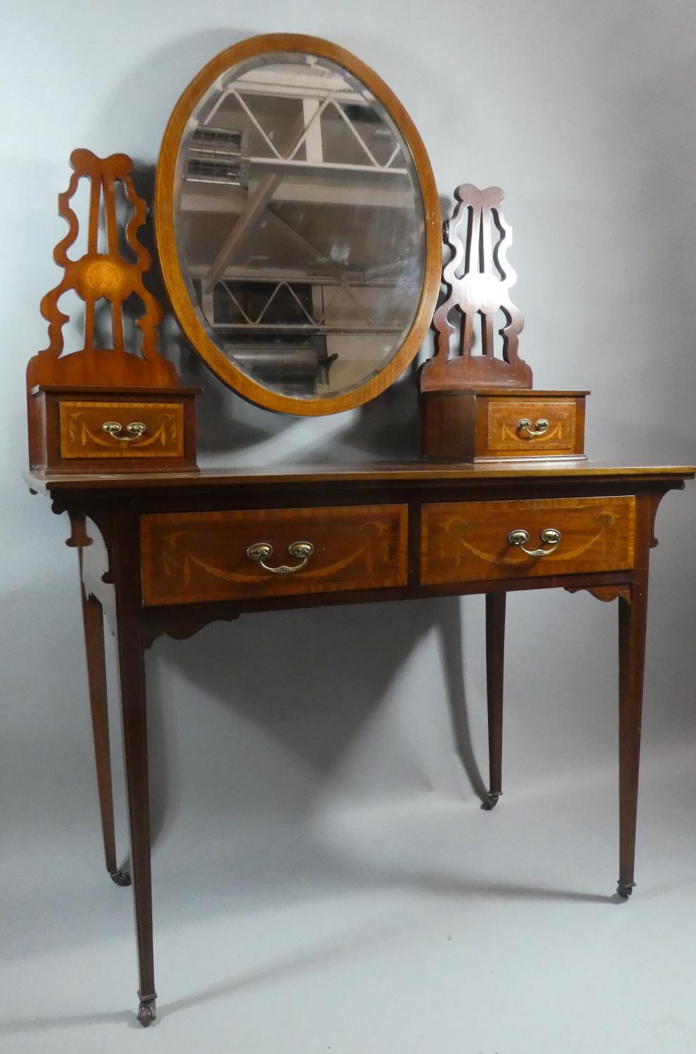 A Pretty Inlaid Edwardian Mahogany Dressing Table with Two Drawers, Oval Mirror and Two Jewel - Image 2 of 4