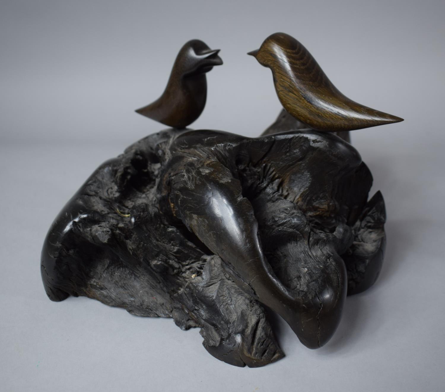 A Carved Irish Bog Oak Ornament, "Lone Birds", 5600 years old, Beeswax Finish, Signed K. Casey 2006,