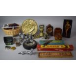 A Tray of Curios to Include Brass Bell Weights, Mantle Clock, Dominoes, Cribbage Board, Slide