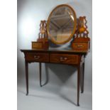 A Pretty Inlaid Edwardian Mahogany Dressing Table with Two Drawers, Oval Mirror and Two Jewel