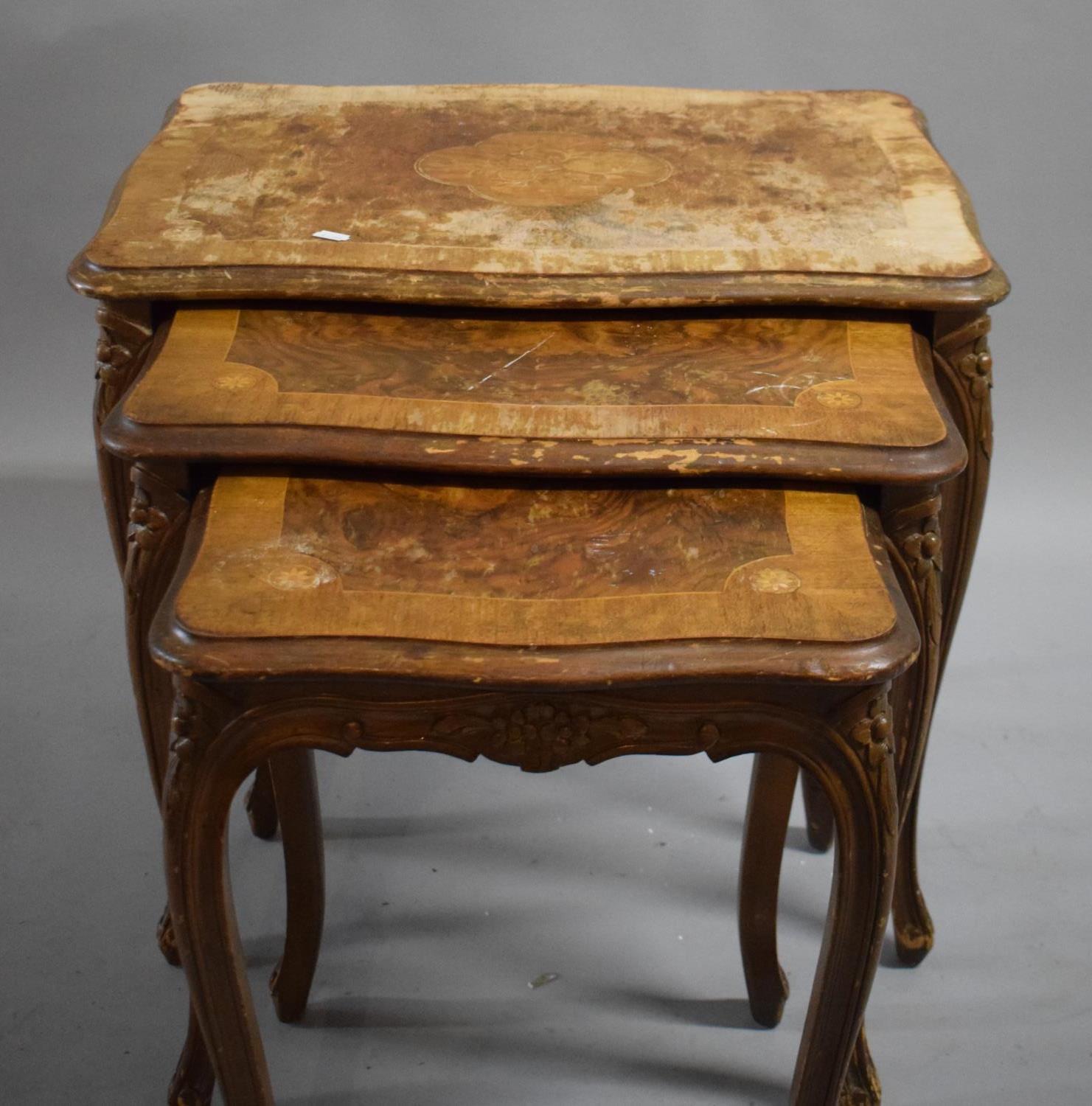 A Nest of Three Crossbanded Inlaid Burr Walnut Tables by Hale and Epstein, badly water stained and - Image 2 of 2