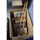 A Box Containing Various Prints, Water Colour, Engraving and Two Yard Stick Rules