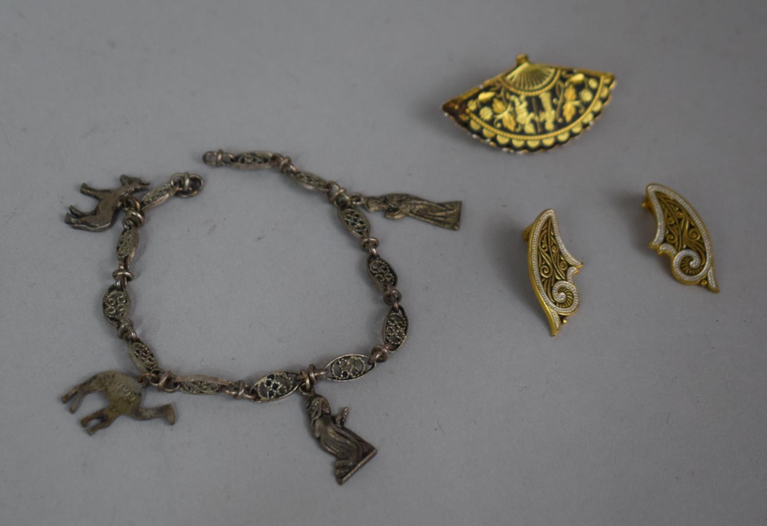 A Damascene Small Dish on Circular Feet with Similar Brooch Together with a Continental Silver - Image 3 of 3