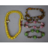 A Collection of Vintage Continental Glass Jewellery Items to Include Spun Lemon Glass Necklace, Pink