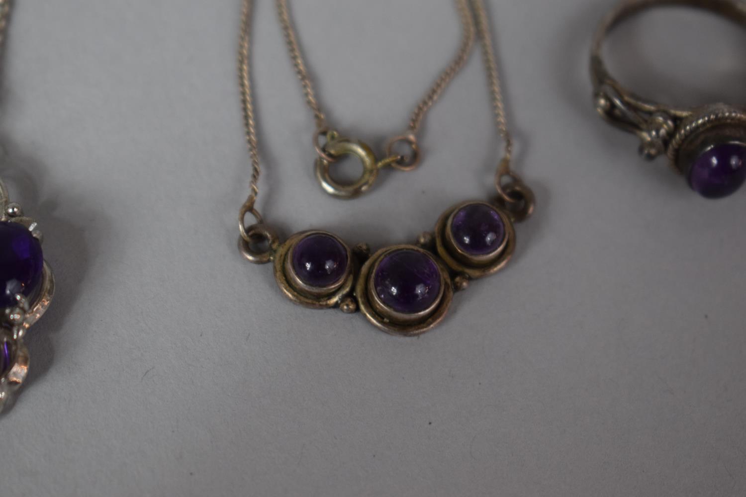 A Collection of Silver Amethyst Jewellery to Include Diamond Chip Pendant Example and Ring - Image 3 of 4