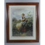 A Framed Print Depicting Girl with Ewe and Lamb, 30cm Wide