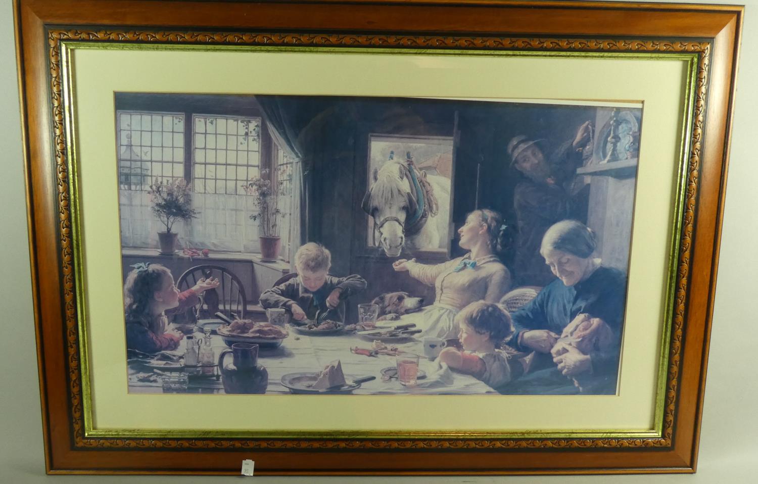 A Modern Framed Victorian Print of Farming Family at Table, 58cm Wide