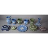 A Collection of Wedgwood Jasperware to Include Vases, Jugs, Lidded Pots, Candle Sticks etc