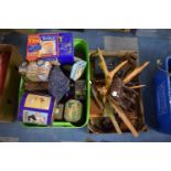 Two Boxes Containing Vintage Tins, Carved Animal Ornaments, Treenware to Include Toast Rack,