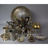 A Collection of Silver Plate to Include Circular Tray, Coffee Pot, Tankards, Wine Goblets, Sugar