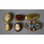 A Collection of Six Brooches to include Gilt Metal Red Agate, Three Cameo and Damascene Example