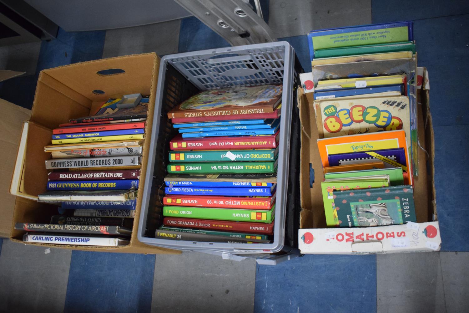 Three Boxes of Books to Include Haynes Car Manuals, Children's Books etc