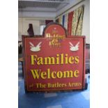 A Large Painted Wooden Pub Sign, "Families Welcome at the Butlers Arms", 150cm Wide and 168cm High