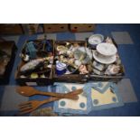 Three Boxes of Sundries to Include Teawares, Table Lamps, Ornaments, Masonic Apron, Footstool,