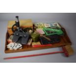 A Tray of Sundries to Include Stereoscopic Viewer, Cased Microscope, Metal Puzzles, Drawing