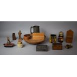 A Tray of Curios to Include Treenware, Russian Doll, Carved Black Forest Figures, Pewter Tankard,