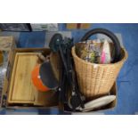 A Collection of Sundries to Include Wicker Waste Basket, Wooden Bread Bin, Two Folding Side