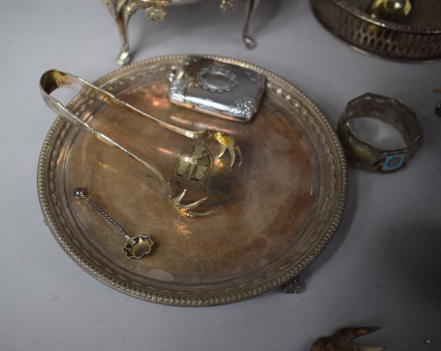 A Silver Plated Rectangular Gallery Tray on Claw Feet Containing Coaster, Card Tray Vesta, Salt, - Image 2 of 4