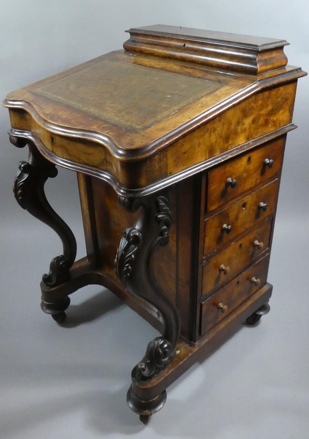 A Victorian Burr Walnut Davenport with Carved Cabriole Front Supports, Tooled Leather Writing